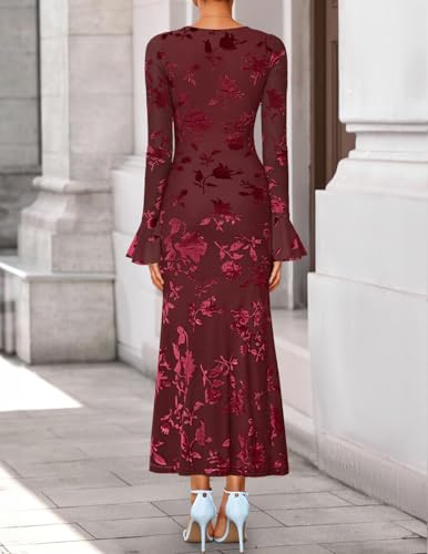 ZESICA Women's 2025 Bell Long Sleeve Floral Maxi Dress Fall Fashion Bodycon Mesh Wedding Guest Cocktail Party Dresses4