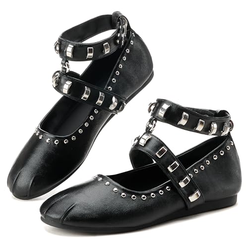 Studded Mary Jane Flats for Women Round Toe Rivet Ankle Strap Ballet Flats Shoes Casual Dressy Ballerina Shoes