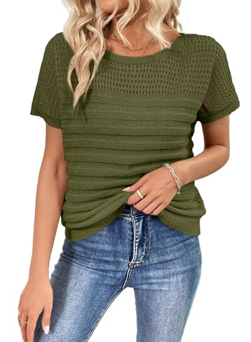 Image of SHEWIN Womens Sweaters Crew Neck Short Sleeve Shirts Summer Tops Knit Hollow Out T Shirts Sweater Blouses