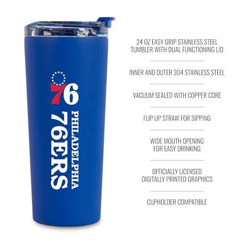 Image of Rico Industries NBA Basketball Philadelphia 76ers Royal Blue 24oz Stainless Steel Tumbler with Lid and Dual Functioning Lid