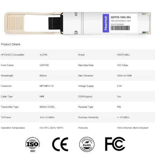 Image of 100G QSFP28 SR4 for HPE H3C JL274A, 100GBASE-SR4 QSFP28 Optical Transceiver Module 850nm 100m DOM MTP /MPO DOM
