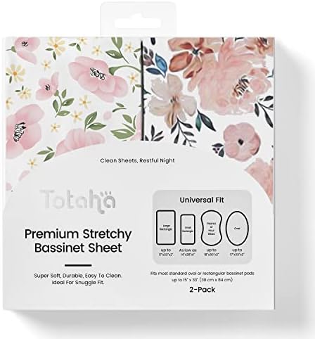 TotAha Premium Stretchy Bassinet Sheets for Baby Girl, Hypoallergenic, Buttery Soft, Silky Comfort Cradle Sheets Fitted 18 x 36 for Oval, Rectangular, Hourglass Mattress, 2-Pack (Floral & Pale Pink)