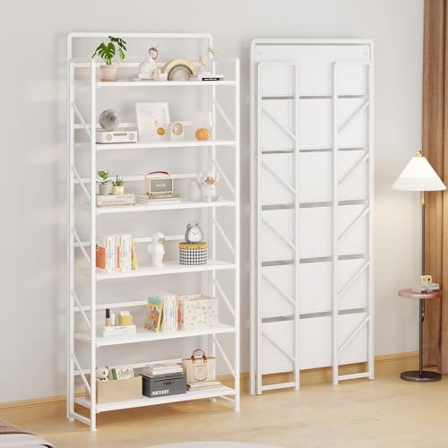 Image of JSB 6 Tier No Assembly Folding Bookshelf, 30.3 inch Wide Foldable Storage Bookcase for Home Office, Space-Saving Storage Shelf for Living Room (All White)
