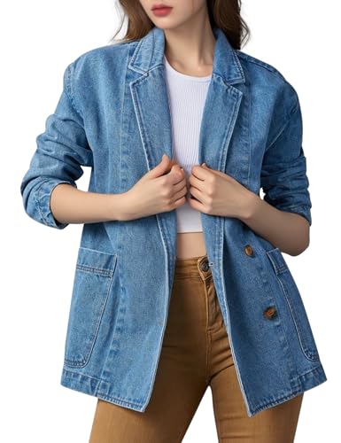 COZYPOIN Womens Long Denim Jacket Button Up Blazer Oversized Notched Lapel Casual Jean Shacket Coat