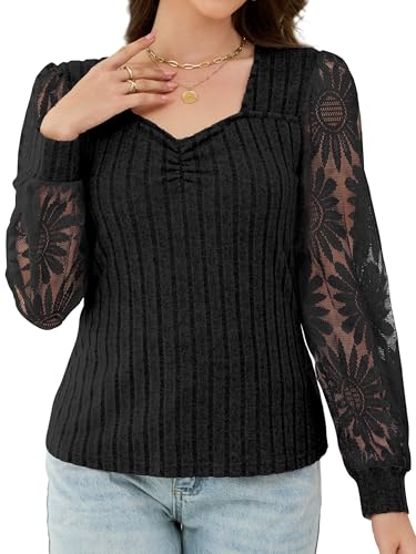 Women's Long Sleeve Shirts Sheer Mesh Lace Flower Dressy Blouses Basic Casual Loose Top