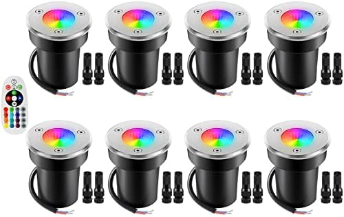 Junview Low Voltage Landscape Lights RGB and Warm White LED Well Lights Landscape Lighting Color Changing IP67 Waterproof Outdoor 12V-24V Ground Lights for Garden Yard Driveway(8Pack with Connectors)