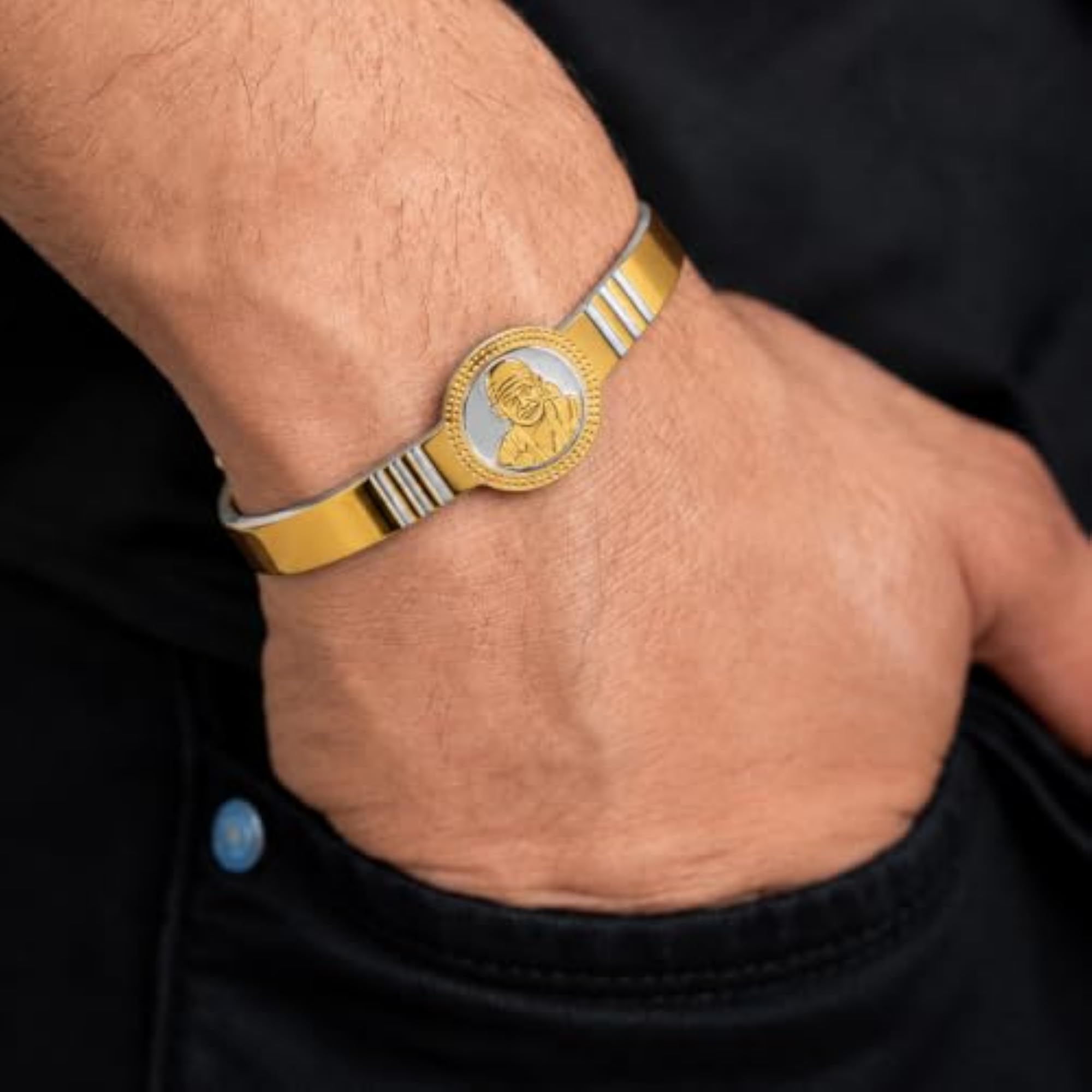 Gold Plated Sai Baba Kada Cuff Bracelet for Men