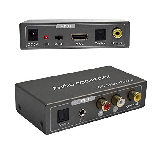 192 KHz Conversor de áudio multifuncional, Tiancai adaptador de áudio HDMI ARC ou Toslink (opcional) ou coaxial to Toslink (óptica) + Stereo L/R 3,5 mm Jack + Coaxial Output