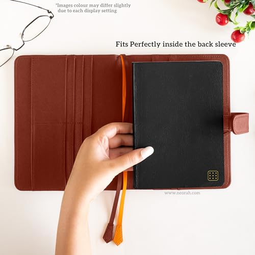 Image of NEORAH - B6 Notebook SLEEVE with SNAP Button + Dotgrid JOURNAL | Faux Leather Sleeve + Penloop | 2 Front 1 Back compartment | 6 Card Slots -BROWN