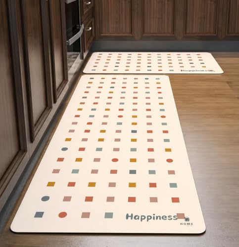 Image of HomeCloud Rubber Kitchen Mats for Floor Set of 2 Pcs|Non-Skid, Soft Absorbent Rugs for Kitchen, Laundry, and Hallway|120x40cm, 40x60cm| 4mm Thickness (Happiness Cream)