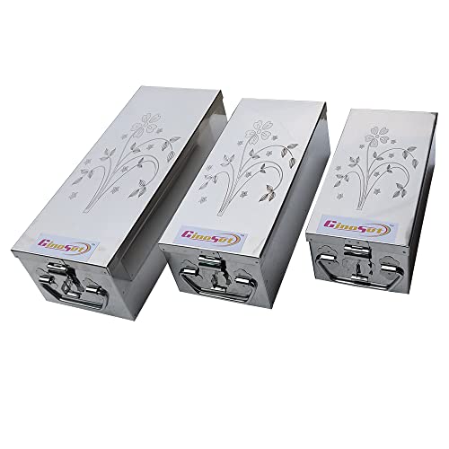GinoSet® Stainless Steel Locker Boxes Jewellery Boxes Cash Peti Set (Multi_Pack of 3) Size -8 Inch, 10 Inch, 12 Inch. With Laser Printed Design – Silver)