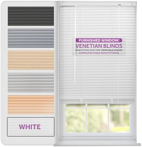 FURNISHED Venetian Blinds Window Venetian Blind Easy Fit PVC Shutters Trimmable Shades for Home Kitchen Windows Treatment Shutters 25mm Slats Complete Child Safe Fittings - White 60W x 150L cm