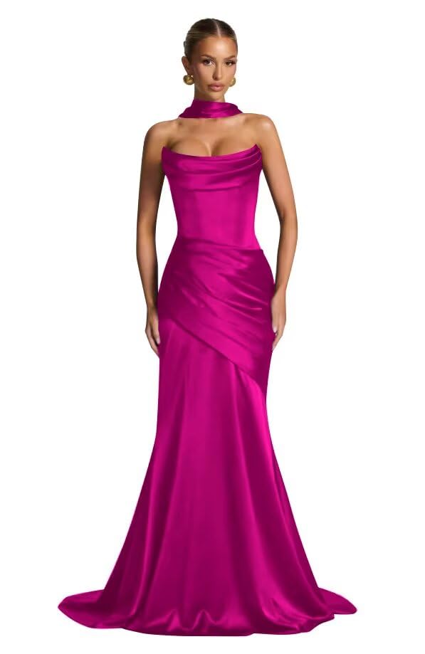 Women's Satin Prom Dresses with Scarf Mermaid Long Strapless Formal Evening Party Gown