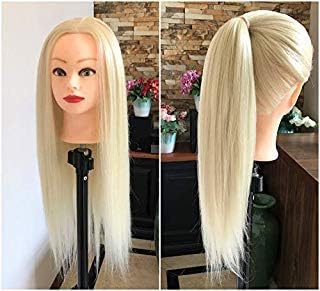 24" Professional Long 50% Real Human Hair Hairdressing Equipment Styling Head Doll Mannequin Training Head Tools Braiding Cutting Student Practice Model Clamp Female Male (Female - Platinum blonde)