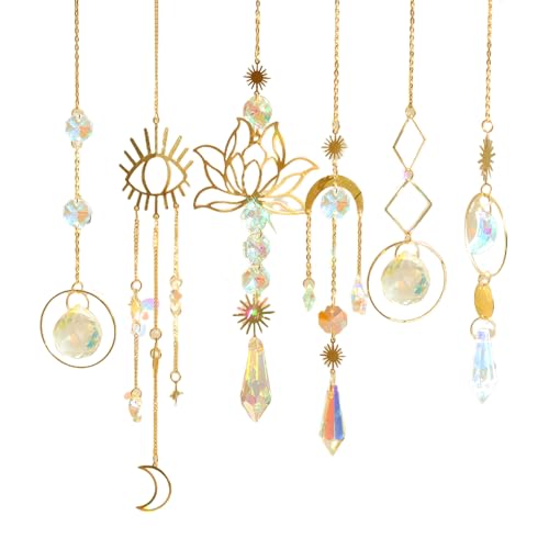 Sonnenfänger Kristall Windspiel,6 Stück Kristall Anhänger Deko,Gold Mond Stern Regenbogen Kristalle Anhänger,Regenbogen Sonnenfänger Kristal,Fensterdeko ​Hängend für Zuhause Büro Garten Outdoor Deko