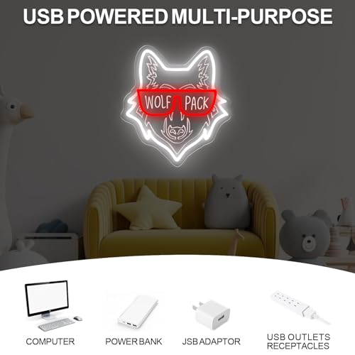 Image of Wolf Pack Family Neon Sign, Wild Animal Birthday Gift, Family Reunion LED Light, Animal Lover Decor, Wolf Lovers Gift, 14.4 inchx13 inch, White+Red