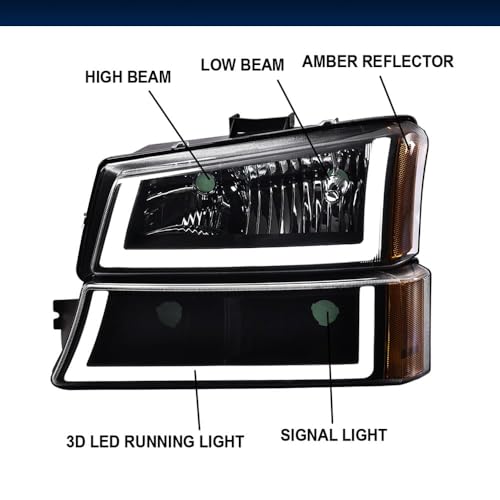 Image of GRAND ORANGE LED Headlight Assembly Compatible with 2003-2006 Chevy Silverado 1500 2500 3500 HD Model, Fit Chevy Avalanche 2003-2006 1500 2500 GM250222, GM2503224 Clear Lens Black Housing Amber Corner