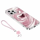 Swirl Apple Series Metal Paint Glass Phone Case with Lanyard, Tempered Glass Phone Case for iPhone 17/16/15 Pro Max (17promax,Pink)