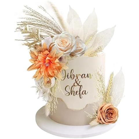 Mistari Boho Flower Cake Toppers Cake Decorations Happy Birthday Cake Toppers for Birthday Wedding Baby Shower Party Supplies Mother's Day (Orange White Champagne) Cover