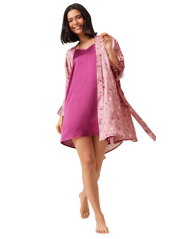 clovia Women's Satin Pretty Floral Short Robe and Babydoll Set-picture-12