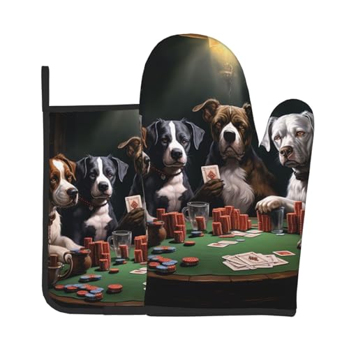 Guantes Agarraderas Perros Jugando Al Póquer Juego De 2 Manoplas Horno Resistentes Calor con Ganchos Guante Hornear para Microondas Cocinar