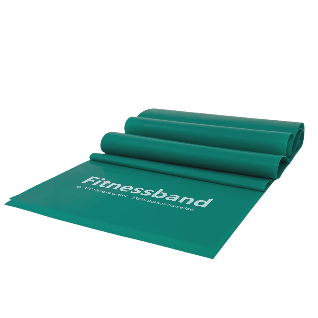 ATC Handels GmbH Fitness Band 1.5 m, 2.5 m, 5.5 m and 25 m x 15.5 cm in 6 Different Thicknesses, Resistance Band, Exercise Band, Sports Band, Strength Training and Yoga, 1.5 m Medium Green