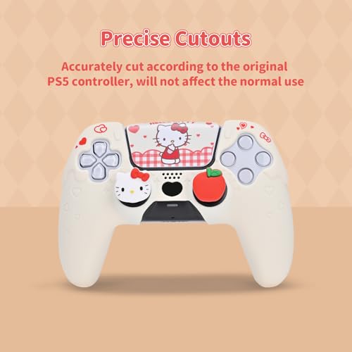 Image of Kuitmor Silicone PS5 Controller Cover Skin Set, Anti-Slip Soft Protective Case for PS5 Wireless Controller with 2 Thumb Grip Caps and 1 Sticker (Beige Hello Kitty)