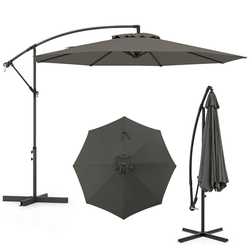 Image of COSTWAY 3M Cantilever Garden Parasol, 8 Ribs Outdoor Offset Banana Hanging Umbrella with Crank Handle, Cross Base and Tilted Design, Water-proof Canopy Sunshade Shelter (Grey, 295 x 238 cm)