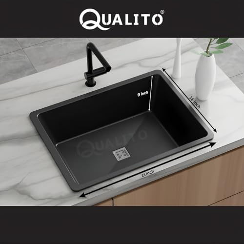 Image of QUALITO Quartz Kitchen Sink | 16x18x9 Inch, 10 mm Thickness | Single Bowl Granite Sink with Waste Coupling & Pipe | Easy to Clean, Sound & Heat Proof and Non Fading Colour (Black)