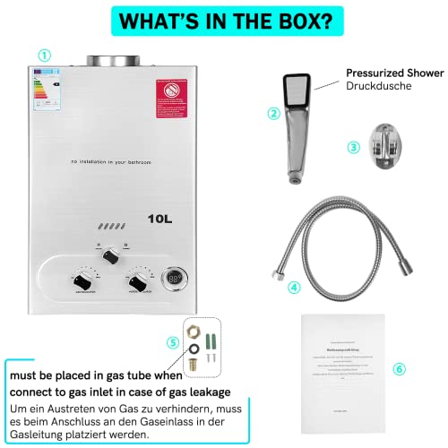 BreeRainz LPG Gasdurchlauferhitzer 10L,20KW Propan Butan Durchlauferhitzer mit Duschkopf,Super Niedrigem 0,2 bar Startwasserdruck für Zuhause Wohnmobile Kabinen