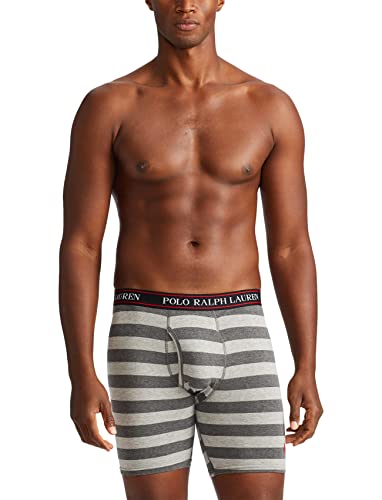 POLO RALPH LAUREN Men's Stretch Classic Fit Boxer Briefs, Trunks & Long Leg Available, 3-Pack, Red/Charcoal Heather Stripe/Charcoal Heather-3 Pack, Small3