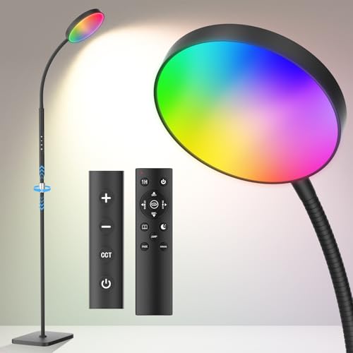 Image of PACOVY Floor Lamp, Adjustable Height Floor Lamps for Living Room Bedroom, 120 LED Super Bright Standing Lamp Remote Control Dimmable Gooseneck Tall Stand Reading Lamp for Office Craft, Black-RGB