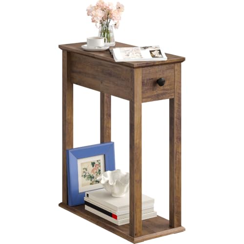 Image of Farmhouse End Table, 2-Tier Narrow Side Table with Drawer, Wooden Nightstand, for Small Space, Living Room, Bedroom