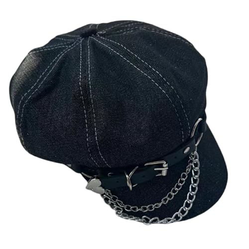 XUZHID Fashion Octagonal Cabbie Hat Chain Belt Hat Newsboys Caps Painters Hat All Matching Punk Hat for Party and Casual