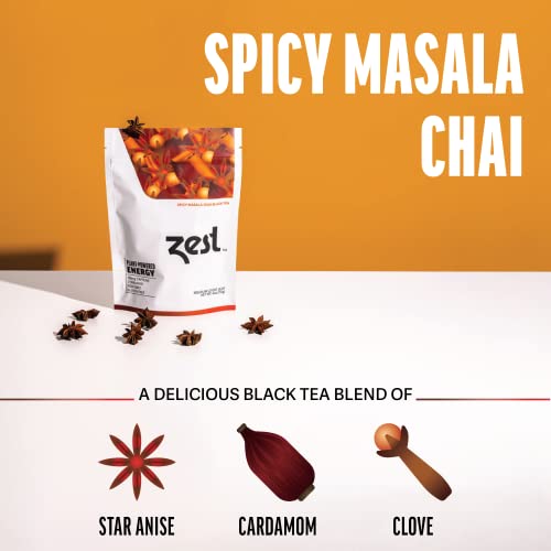 Zest Energy Black Tea - Spicy Masala Chai Loose Leaf Blend - High Caffeine Cardamom Ginger Tea with Cinnamon - Caffeinated Coffee Altnernative - Natural, Non-GMO & Keto - 50 Servings - 150mg Caf