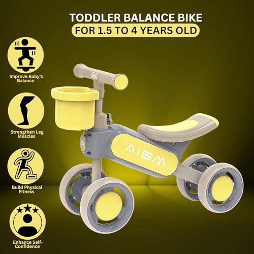 Image of Super Glide Balance Bike with Basket | Toddler First Ride-On Bike | Non-Pedal 4-Wheel Push Bike | Lightweight & Sturdy Design for Boys & Girls | Ideal for 1-3 Years Old (Yellow : KB-079)