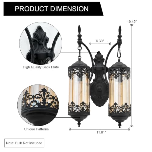 Image of Antique Gothic 2-Light Amber Glass Wall Sconce for Bedroom | Rustic Farmhouse Black Wall Light Fixture, Vintage Decorative Metal Wall Lamp for Hallway, Living Room, Entryway, Mirror