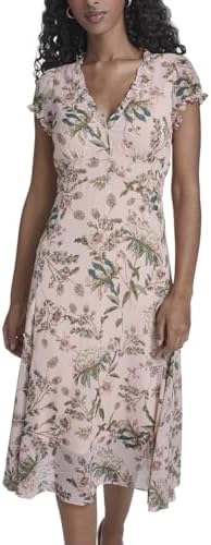 Tommy Hilfiger Women's Short Sleeve V-Neck Chiffon Empire Waist Midi Dress, Suns