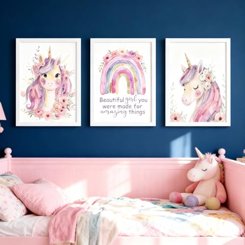 Cute Pink Unicorn Girl Quote Framed Wall Art Set of 3 Lovely Pastel Purple Rainbow Saying Sign for Baby Kid Toddlers Cozy Watercolor Wooden Preschool Inspirational Flower Nursery Wall Decor White