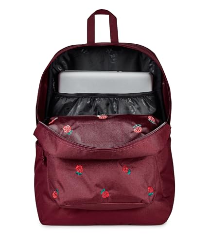 Image of JanSport Superbreak Plus FX Backpack - Work, Travel, or Laptop Bag with Water Bottle Pocket, Superbreak Plus Fx, Just A Rose Emb Cherry Lacquer /Grn /Red