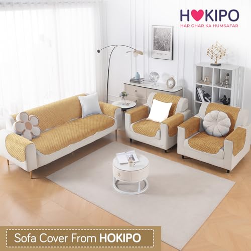 Image of HOKIPO Quilted Sofa Cover 5 Seater Set (3+1+1) - Sofa Cover for Seat & Back | 'Quilt Classic' Yellow (IN-927 * 2+925 * 4-YLW)