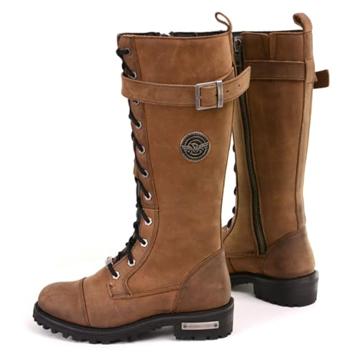 Milwaukee Leather Botas femininas de couro marrom 35,5 cm de altura para motociclista com cadarço MB