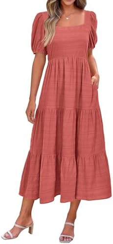 PRETTYGARDEN Women's Summer Dresses 2025 Puff Sleeve Square Neck High Waist Smocked A-Line Flowy Loose Fit Midi Dress