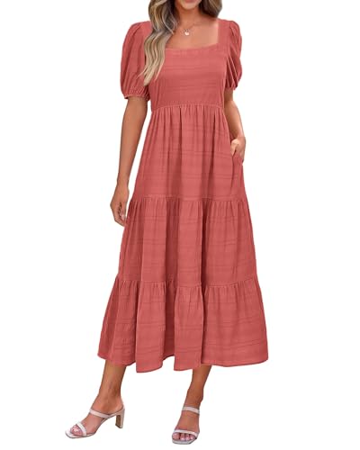 PRETTYGARDEN Womens Dresses 2025 Casual Puff Sleeve Square Neck Smocked Loose Fit A-Line Flowy Swing Long Beach Dress(Bean Paste Pink Large)