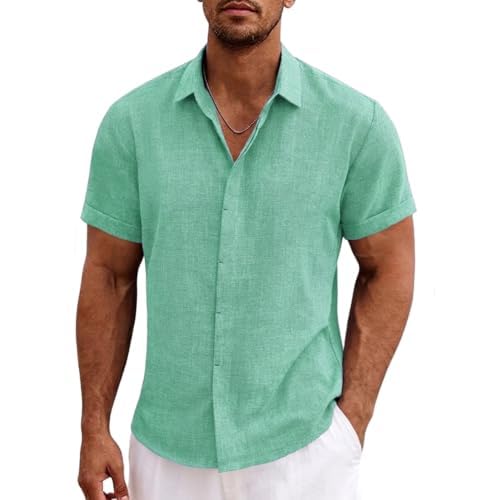 Mens Linen Shirts Short Sleeve Casual Shirt Button Down Summer Beach Vacation Tops Men Casual Dress Shirts Breathable X-Large Tall 00140_turquoise