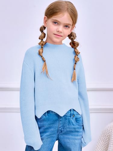 Image of Haloumoning Girls Mock Neck Sweaters Kids Fall Fashion Long Batwing Sleeve Rib Knit Pullover Clothes 5-14 Years Light Blue