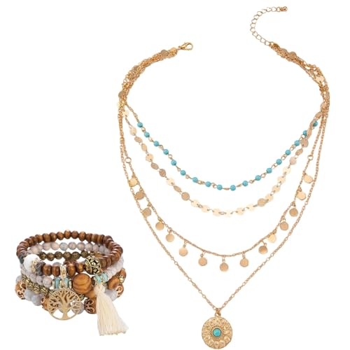 YEWCEP Boho Schmuck Damen Set, 2 Stück Boho Kette und Armband, Stilvolles Schmuck Set für Frauen, Ideal für Alltag und Besondere Anlässe, Geschenk für Familie und Freunde