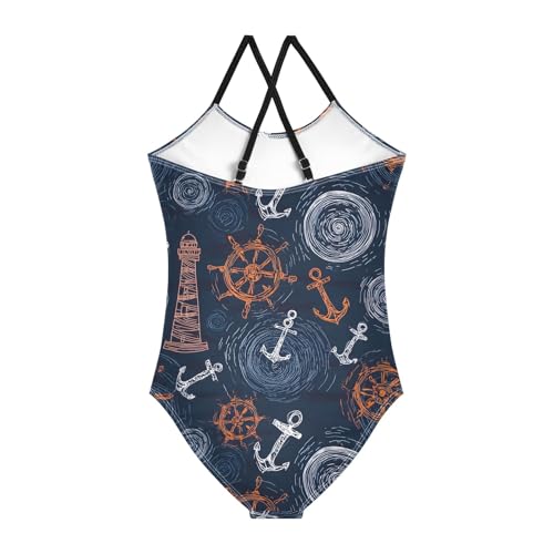 Girls Swimsuit Hand Drawn Anchor Rudder Pattern One Piece Swimwear2