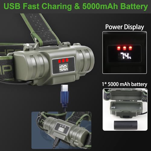 Miniatura 3 de Vophicho Linterna Frontal Led Recargable, 90000 Lm Alta Potencia Linterna De Cabeza Rojo Advertencia Y 4 Modos, Linterna Frontal Ajustable Y Zoomable Impermeable Ip65 Para Campeggio Senderismo