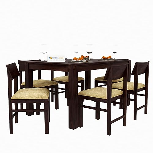 Image of RECTART Sheesham Solid Wood Six Seater Dining Table with Six Chairs with Beige Cushion for Dining Room & Restaurant | Finish - Warm Chestnut